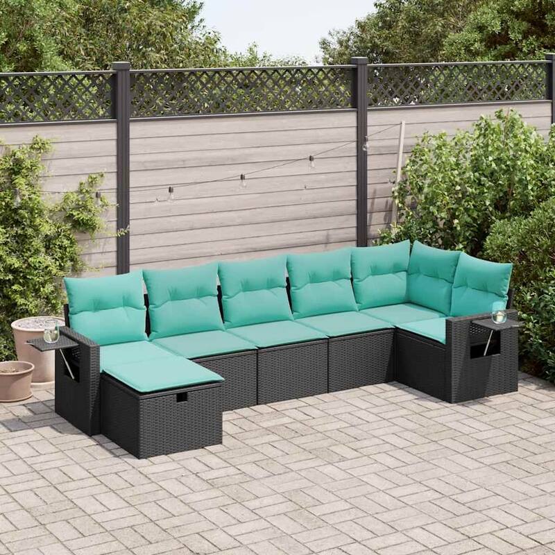 vidaXL 7 Piece Patio Sofa Set with Cushions Black Poly Rattan - 21.7 x 24.4 x 27.2 - 7-piece configuration - Black-with storage