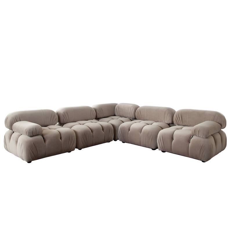Hito 5 Piece Modular Sectional L Sofa Set, Tan Brown Bubble Grid Tufting