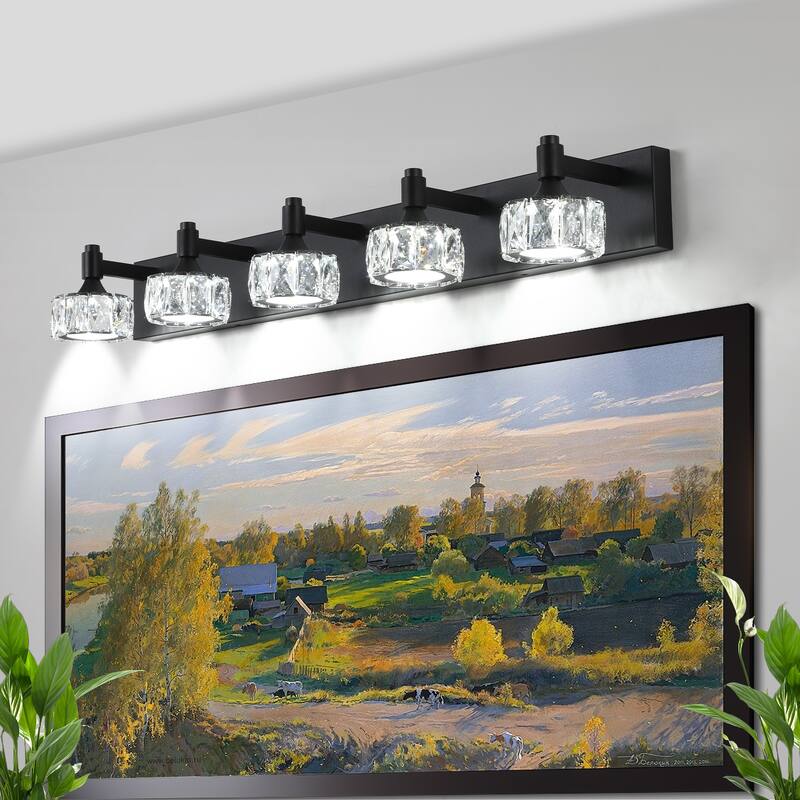 Modern 5-Light Matte Black LED Vanity Light Fixture with Crystal Glass Shades, Bathroom Wall Sconce
