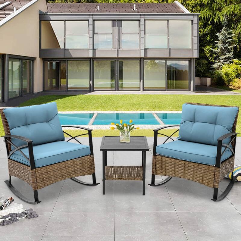 3 Pieces Patio Rocking Rattan Set, Outdoor Bistro Set with Cushions - 1 Table,2 Rocking chairs - Blue