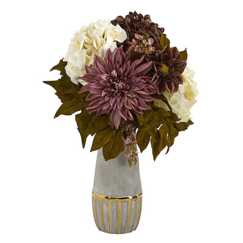 17" Peony, Hydrangea and Dahlia Arrangement in Stoneware Vase