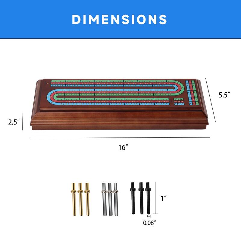 GSE™ 3-Track Wooden Cribbage Board Box with 2 Deck Playing Cards, 9 Metal Pegs and Drawer