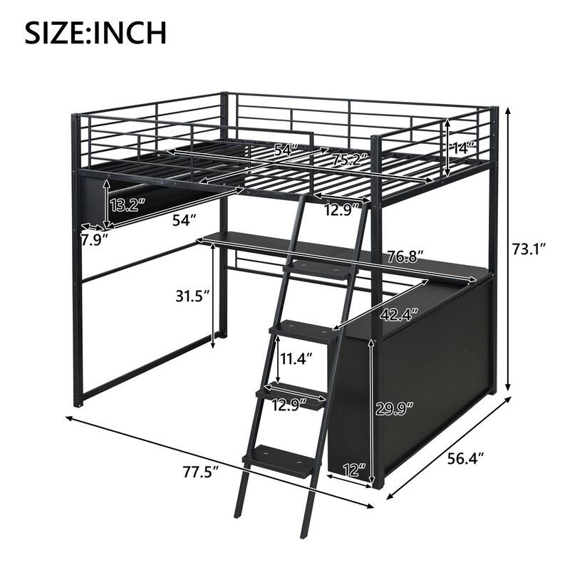 Metal Gaming Loft Bed with LED Light and Bulit-in Desk, Twin/Full Size Loft Bedframe with 4 Storage Shelves and Steps
