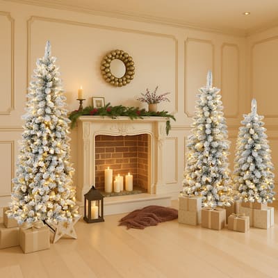 3 Pcs Flocked Natural Artificial Christmas Tree Set with Lights, 4ft 5ft 6ft Christmas Snow Tree Set, Christmas Decor