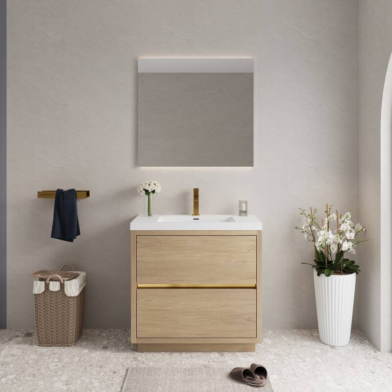Freestanding Bathroom Vanity with White Stone Resin Top - Natural Oak and White - 35.43'' x 19.69'' x 35.43''