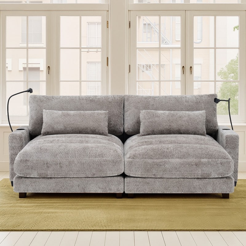 Chaise Lounge Chair Upholstered Modular Sofa with Cup & Phone Holders - Grey