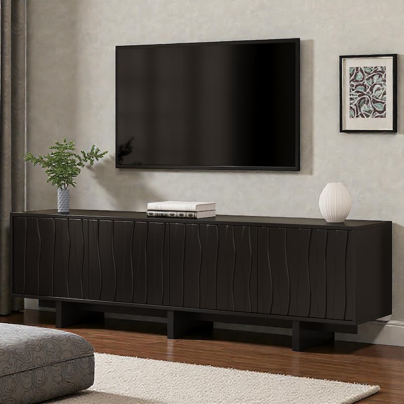 Retro Wood Grain TV Stand with Wavy Doors, Rustic Media Console for TVs up to 75", Storage Cabinet