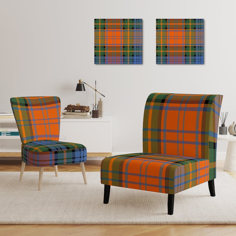 Designart "Green and Orange Checked Tartan" Upholstered Patterned Accent Chair and Arm Chair