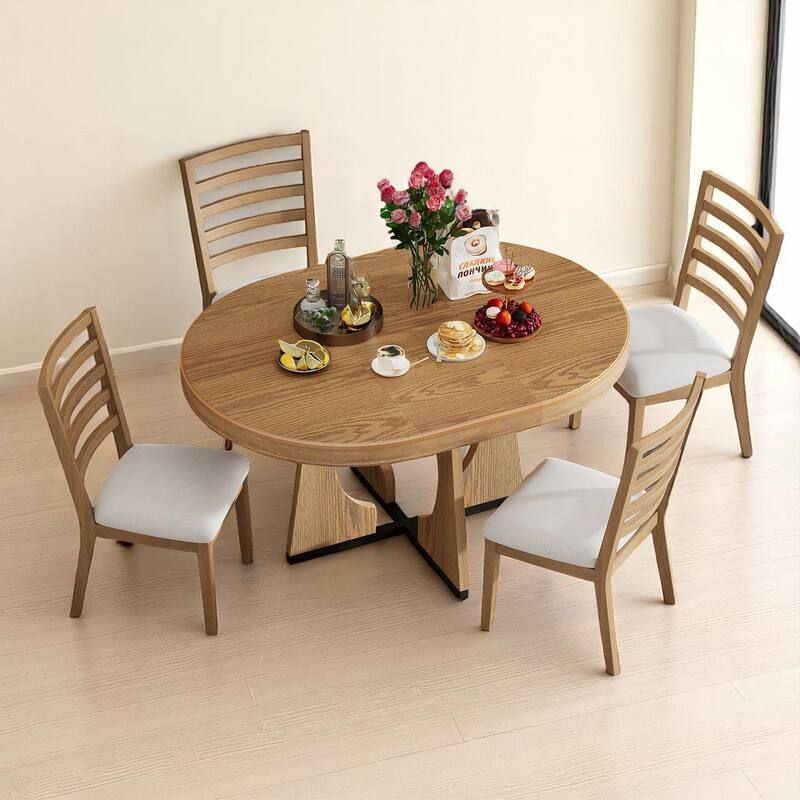 Retro 5-Piece Round Dining Table Set with Leaf Extension and Upholstered Chairs for Kitchen