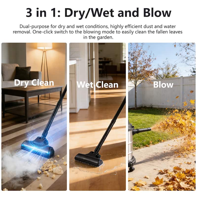 Wet Dry Vac, 5 Gallon,4.3 Peak HP, 3 in 1 Shop Vacuum with Blowing Function, Wet/Dry Vacuum to Clean Floor