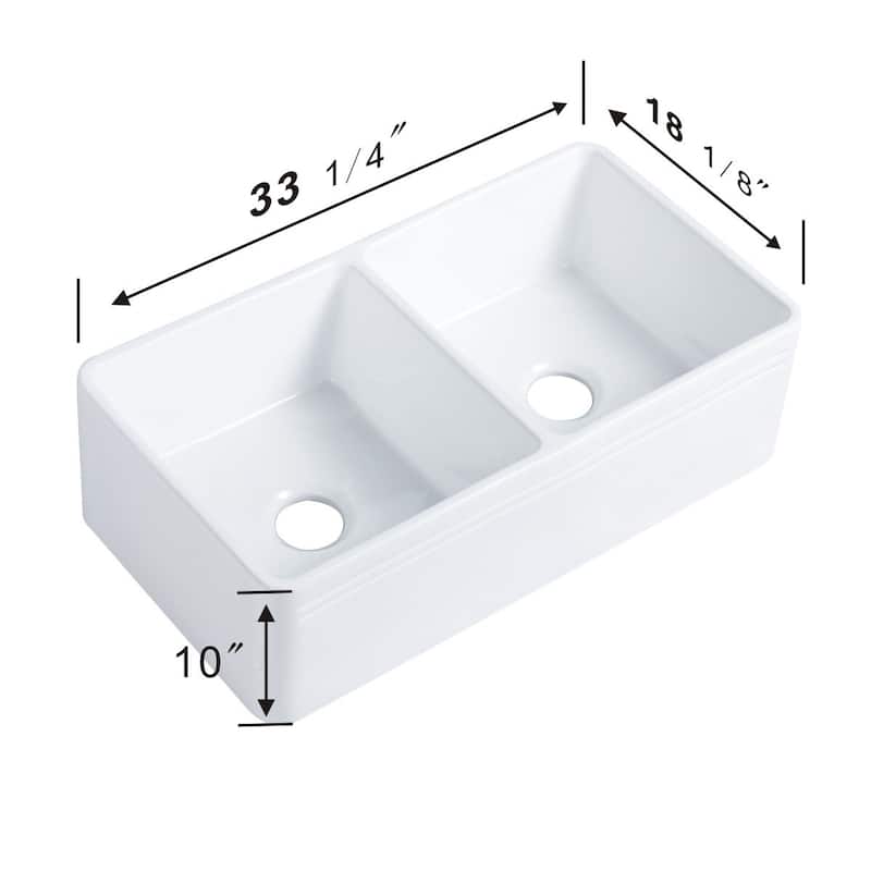 Double Bowl Farmhouse Kitchen Sink 33" Undermount Reversible Sink White Rectangular Double Basin with Drains Renovators Supply