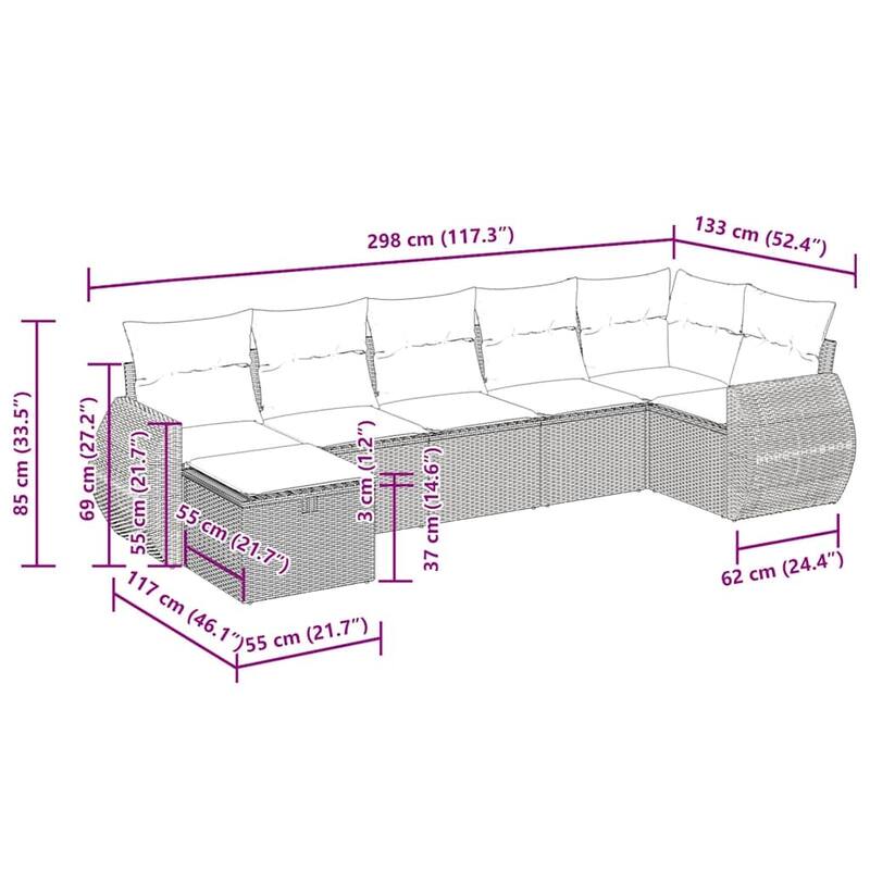vidaXL 7 Piece Patio Sofa Set with Cushions Black Poly Rattan - 21.7 x 24.4 x 27.2