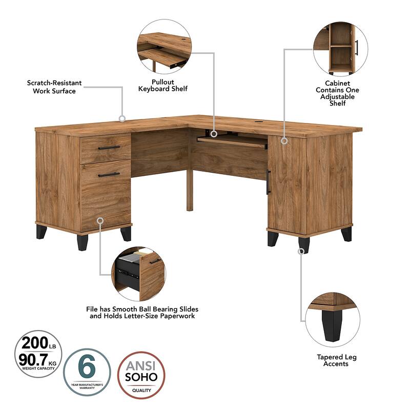 Somerset 60W L Shaped Desk with Hutch and 5 Shelf Bookcase in Ash Gray