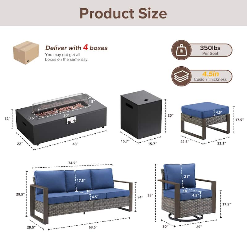 Meyreso Wicker Outdoor Patio Fire Pit Set with Swivel Gliders & 4.5-Inch Olefin Cushions