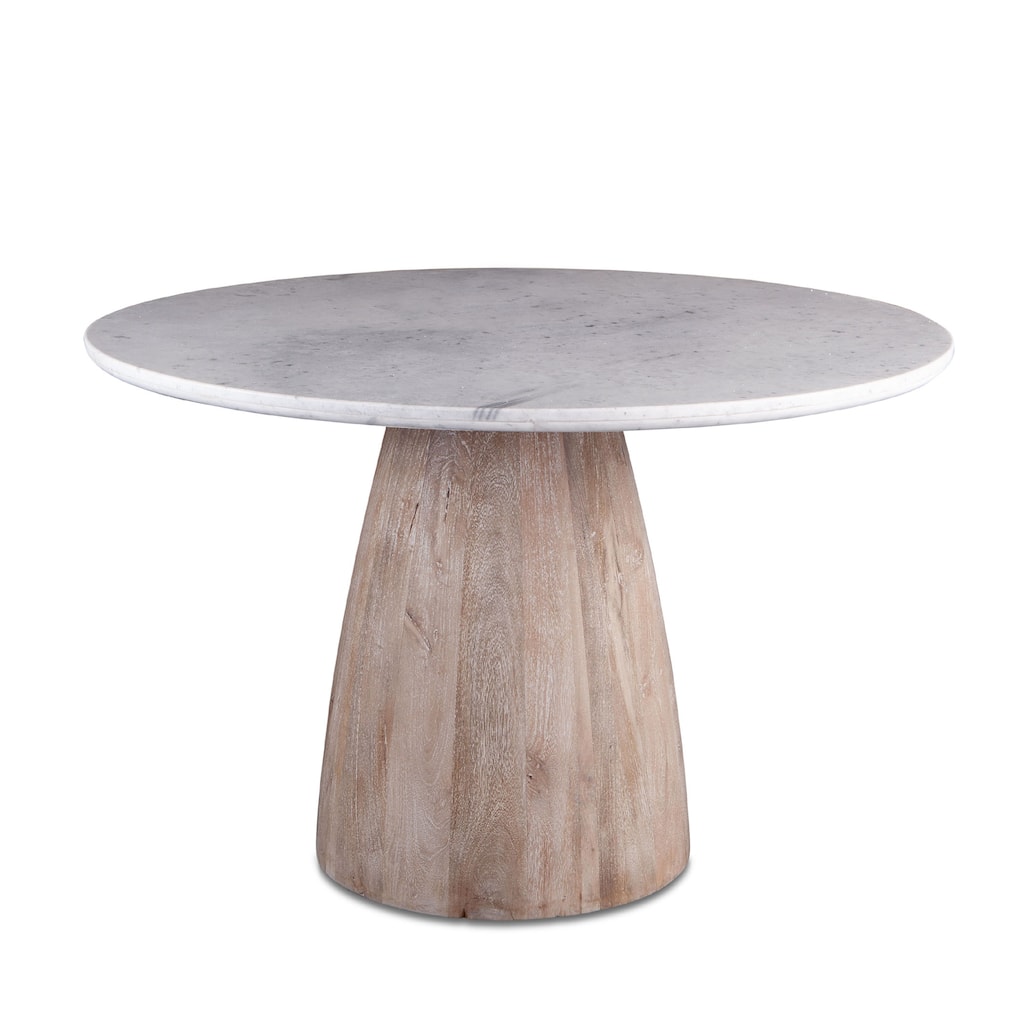 Palm Desert Natural White Marble Dining Table with Modern Washed Wood Base