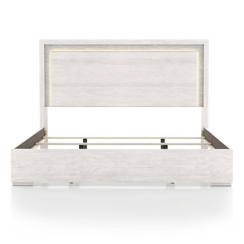 Furniture of America Jonnick Contemporary Washed White Panel Bed with LED Lighting