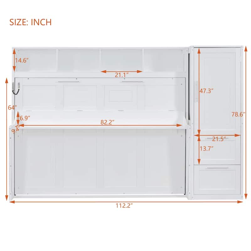 Queen Size Murphy Wall Bed with Closet and Drawers, Space Saving Foldable Bed with Storage Cabinet and Wardrobe