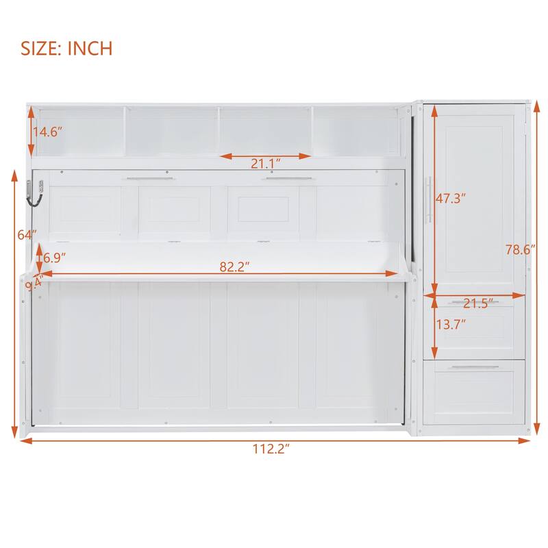 Roomfitters Queen Size Wall Murphy Bed with Wardrobe, Drawers & Storage Shelves