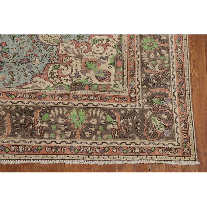 Blue Traditional Tabriz Persian Rug Hand-Knotted Floral Wool Carpet - 6'8"x 9'7"