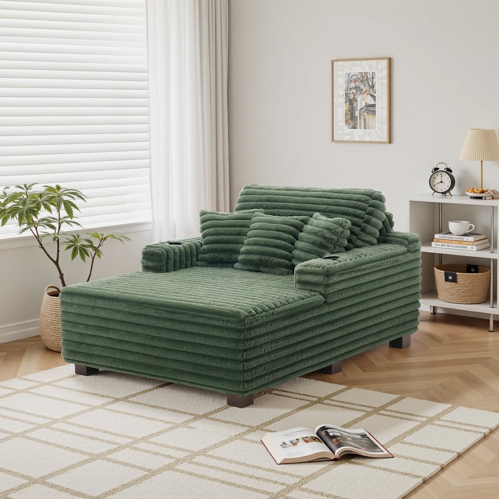 53" W Oversized Plush Corduroy Chaise Lounge Indoor Sofa with Pillows