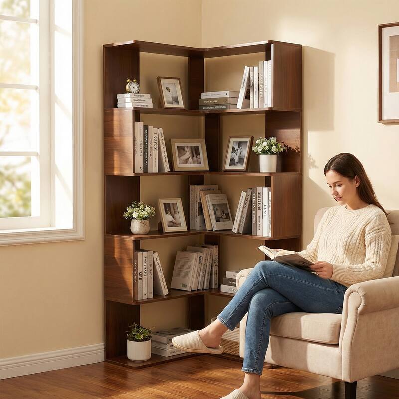 66" Tall 6-Tier Corner Bookshelf - L-Shaped Wooden Bookcase with Baffle, Freestanding Display Shelf for Living Room, Home Office