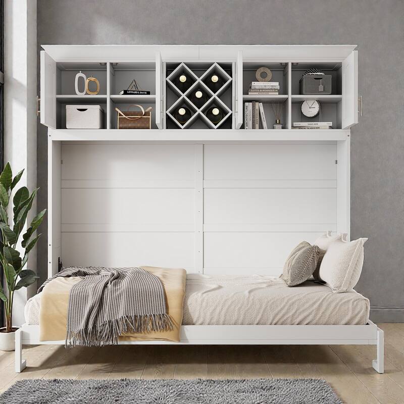 Queen Murphy Bed with Upper Cabinets and Wine Rack, Space-Saving Foldable Wall Bed with Slats