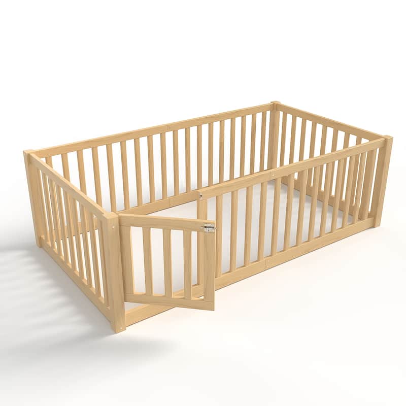 Montessori Floor Bed with Safety Guardrails & Door, Kids Low Profile Frame, Available in Queen/Full/Twin