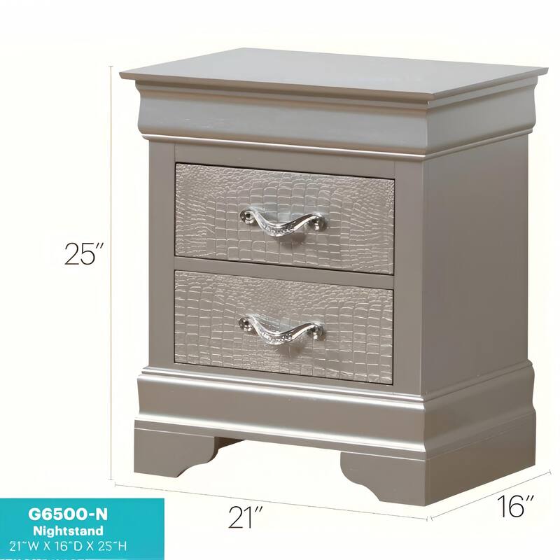 Elegant Silver Champagne Nightstand with Two Drawers, No Assembly Needed