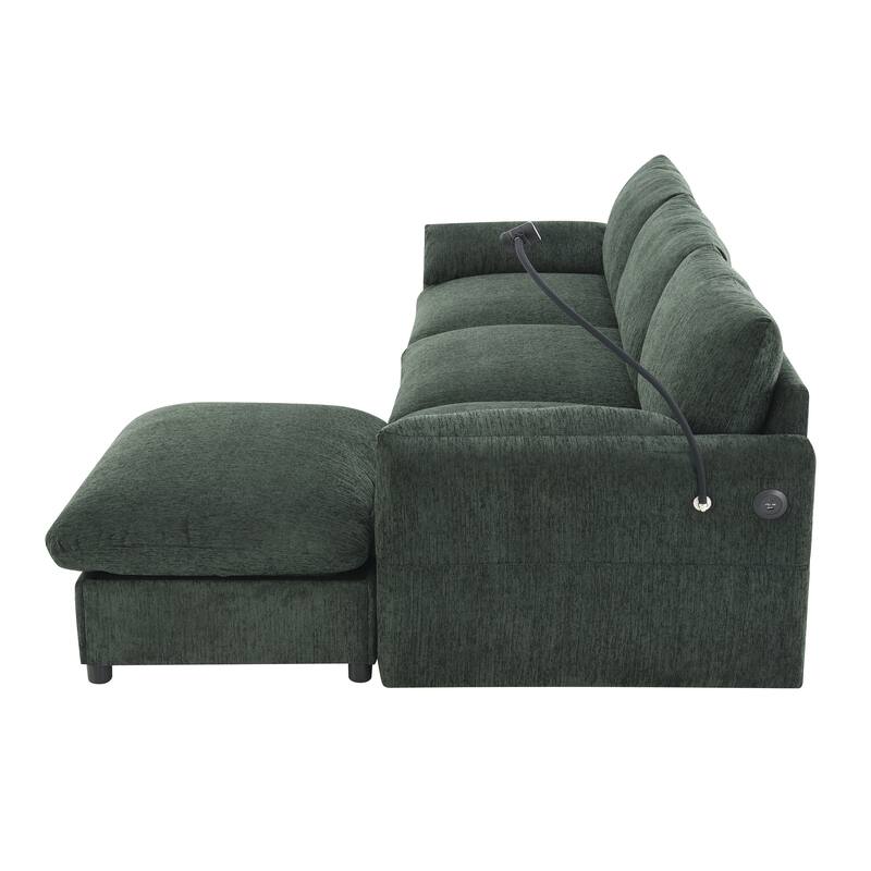 L Shaped Chenille Sectional Sofa with Storage Ottoman, Pockets, USB