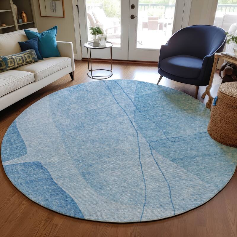 Machine Washable Indoor/ Outdoor Chantille Modern Abstract Rug - Blue - 8' x 8'