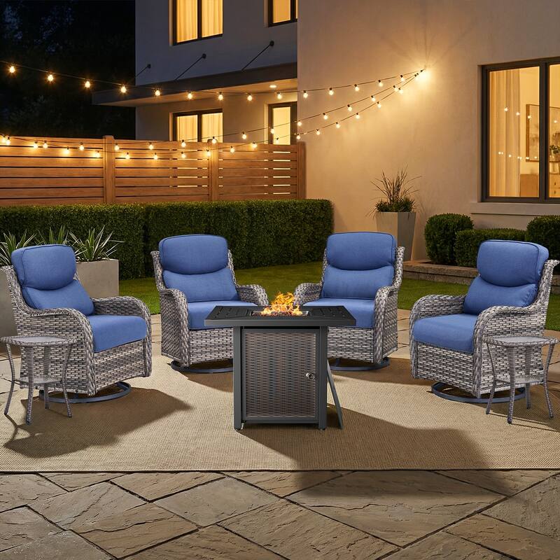 Pocassy 30 In Outdoor Fire Pits with Patio Sofa Swivel Glider Chari Furniture. - Gray Wicker Blue Cushion - 7-Piece Swivel Chair Table w/ Fie Pit Table
