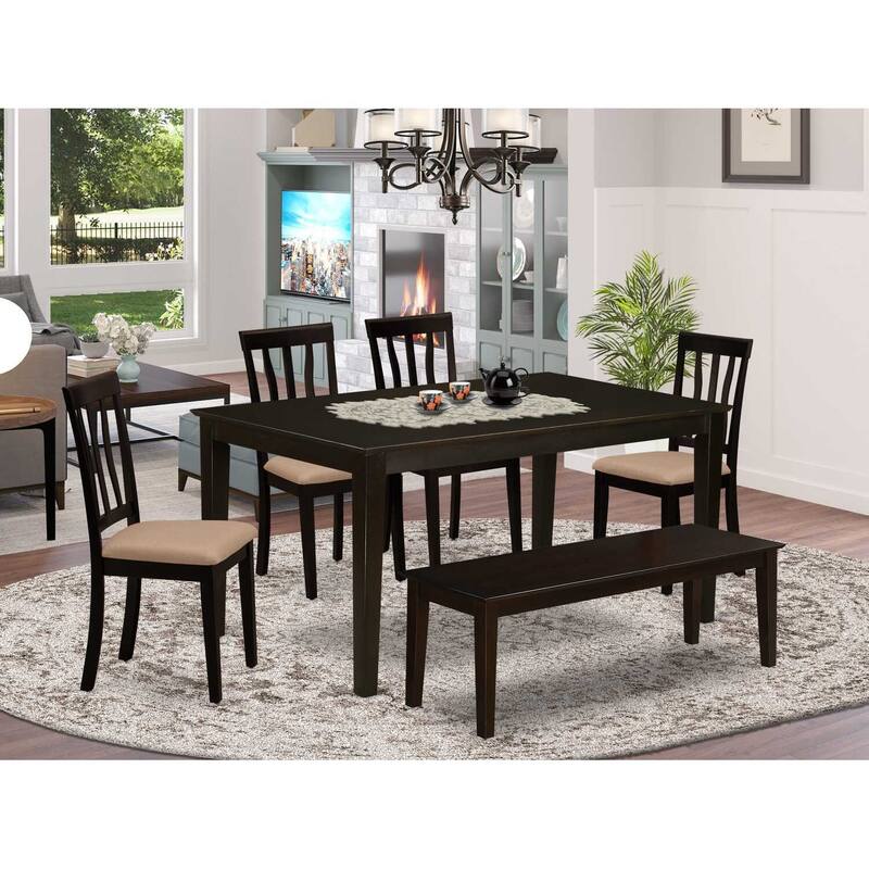 HomeStock 6-Piece Rectangle Cappuccino Finish Solid Wood Top Dining Table with 1 Bench, 4 Chairs