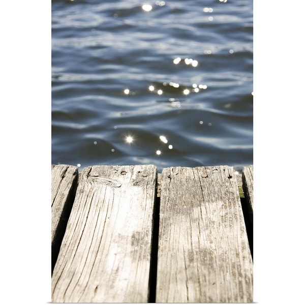"Close up of dock and sun reflecting on lake" Poster Print