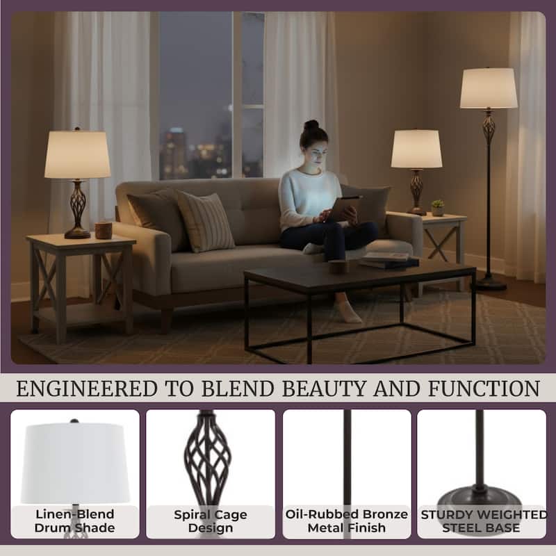 Set of 3 Elegant and Chic Spiral Cage Design Table & Floor Lamps by Lavish Home