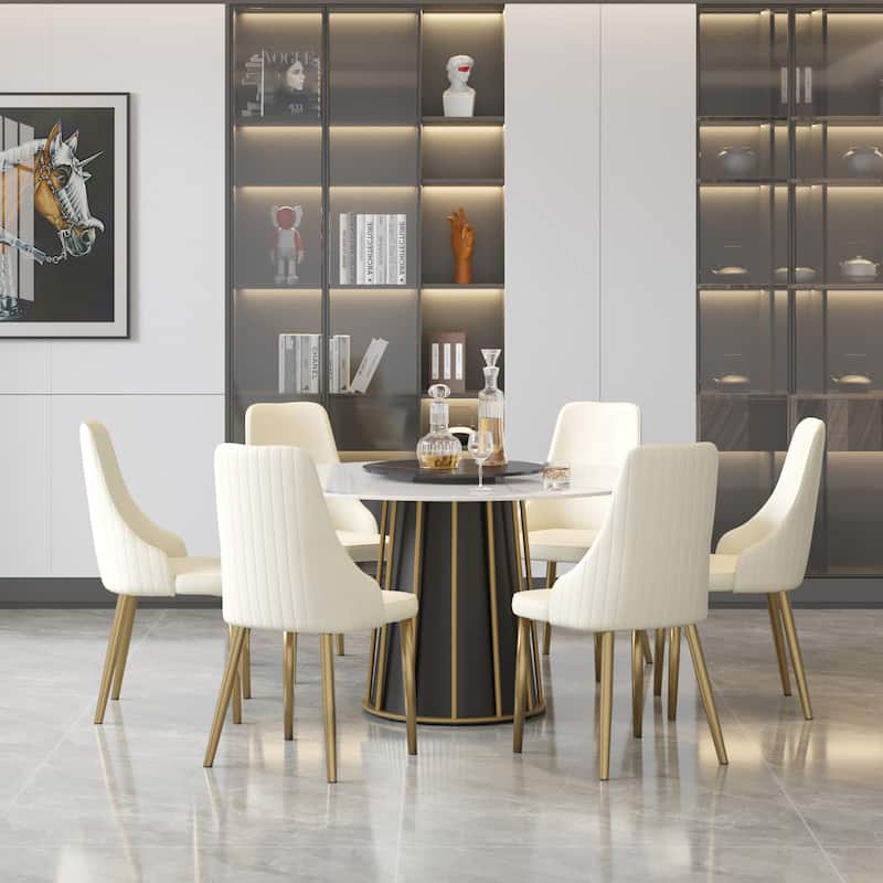 Modern 53" Round White Dining Table for 6 Person Marble Top Gold & Black Pedestal