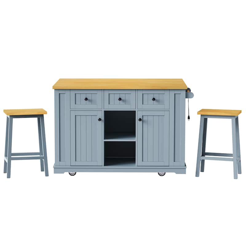 53'' Large Kitchen Island,2 Bar Stools,Power Outlet,Door Internal Storage Rack,5 Wheels,Drop Leaf,5 Open Side Racks,3 Drawers