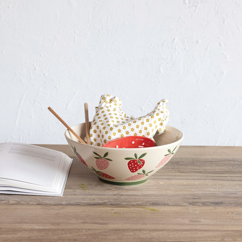 Hand-Painted Stoneware Bowls with Wax Relief Strawberries - 10.5"L x 10.5"W x 4.3"H - 4 Piece - Multi - 10.5"L x 10.5"W x 4.3"H