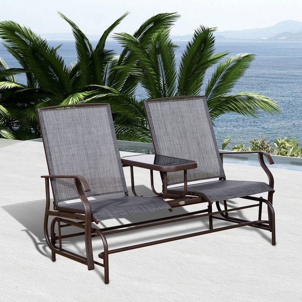 Outdoor Backyard Steel Frame Outsunny Double Patio Glider with Tea Table Stable & Durable Brown 