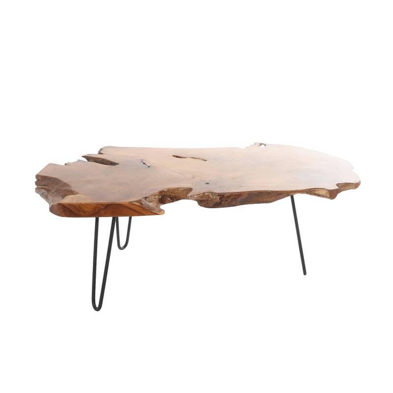 Brown Teak Wood Handmade Live Edge Living Room Coffee Table with Black Metal Hairpin Legs