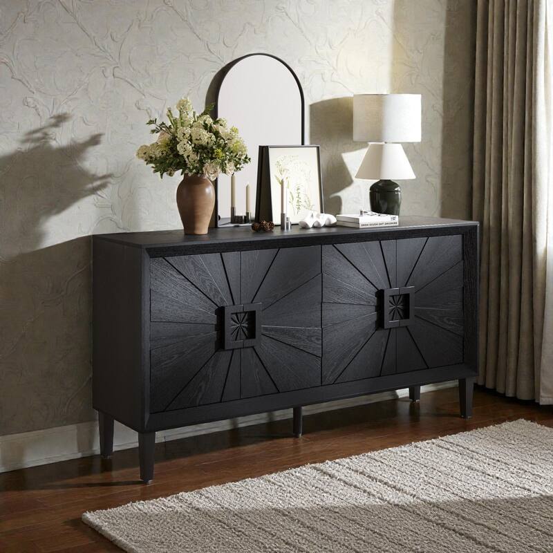 60'' Rustic American Farmhouse Credenza with Sunburst Doors, Antique Wood TV Stand with Adjustable Shelves