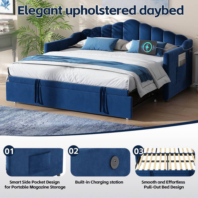 Upholstered Twin Size Daybed with Pop-Up Trundle and Charging Station