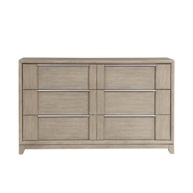 Owen 64 Inch Dresser, 6 Drawers, Pewter Tone Handles, Light Beige Finish