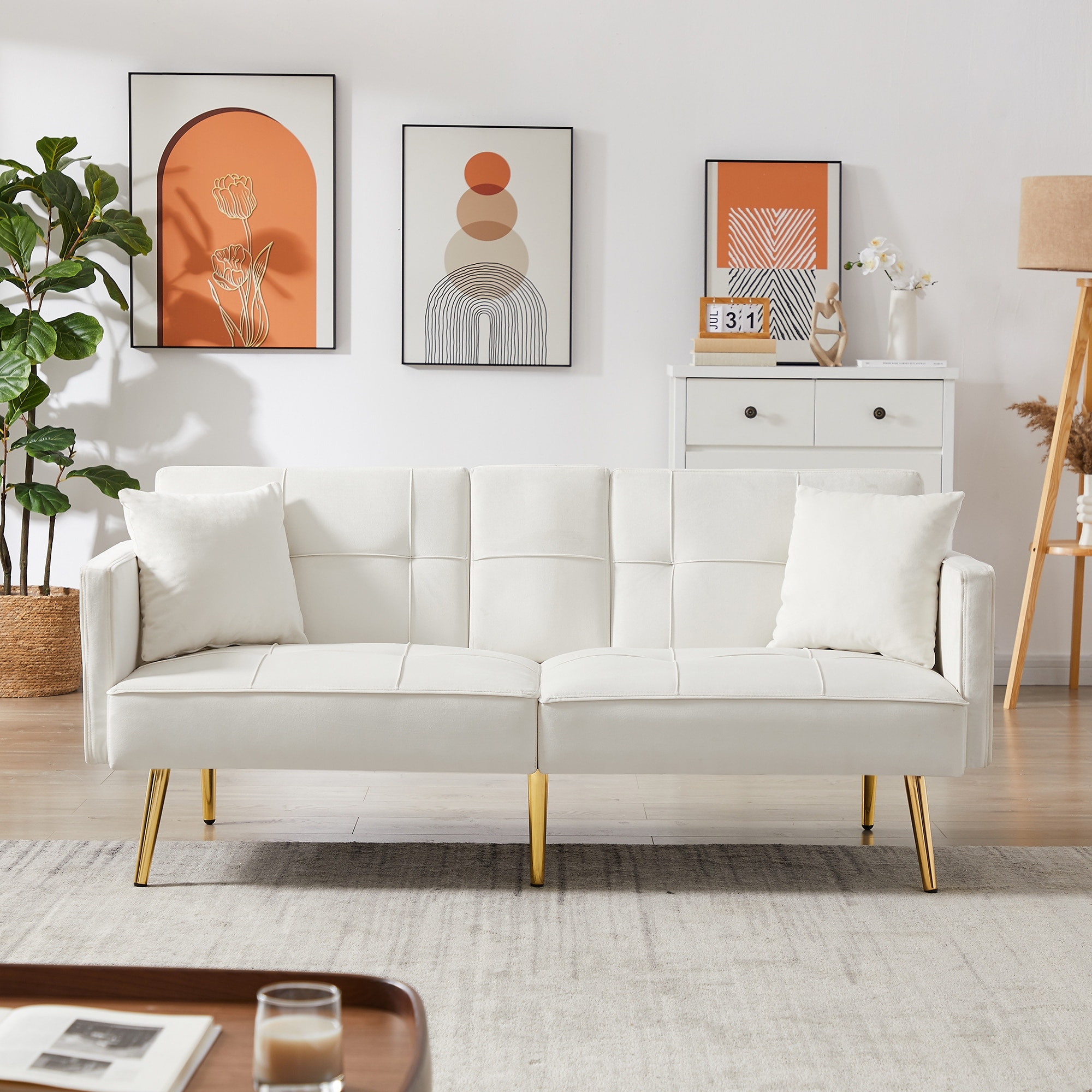 Cream White Velvet Futon Sofa Bed with Gold Metal Legs Bed Bath