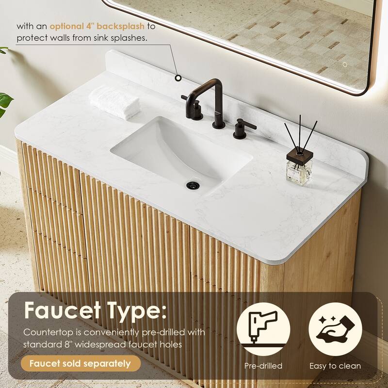 Clayton Bathroom Vanity in Washed Light Brown with Grain White Engineered Stone Countertop without Mirror