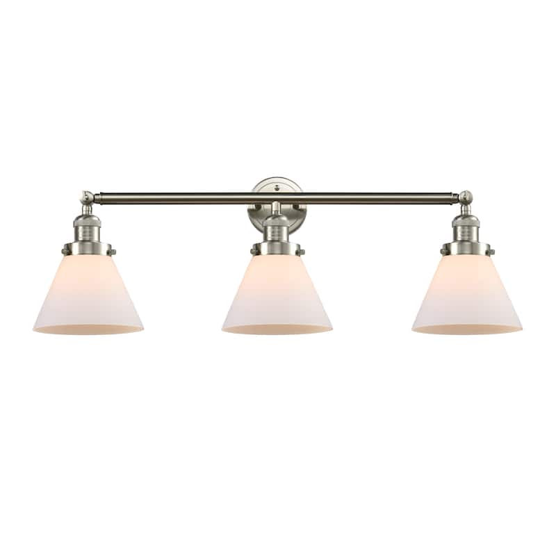 Innovations Lighting Large Cone 3 Light 32" Wide Bathroom Vanity Light - Brushed Satin Nickel / Matte White