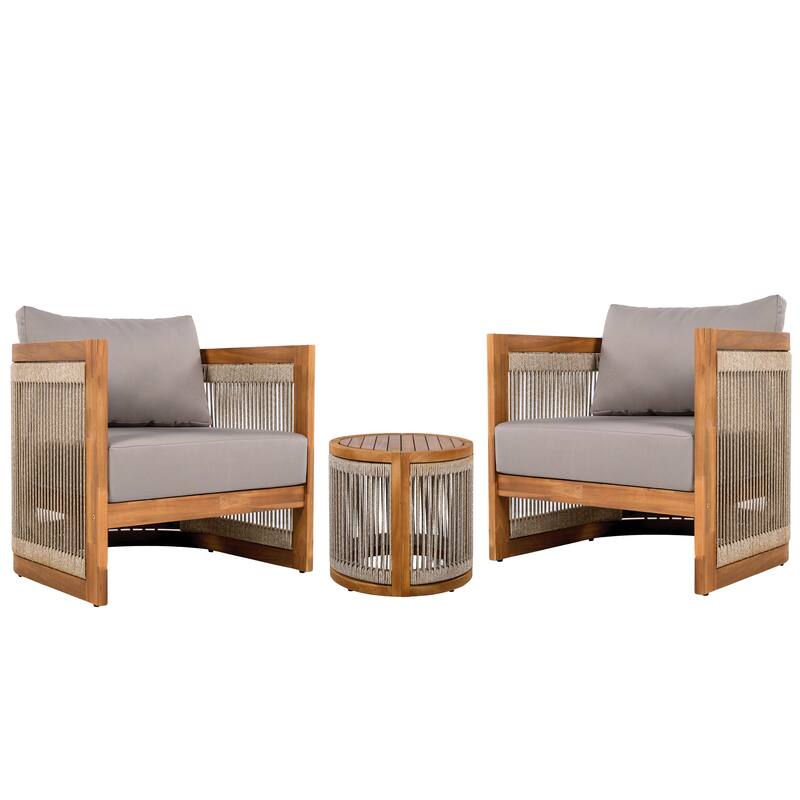 Christopher Knight Home - Bella Acacia Wood Bohemian 3 Piece Patio Chat Set with Cushion