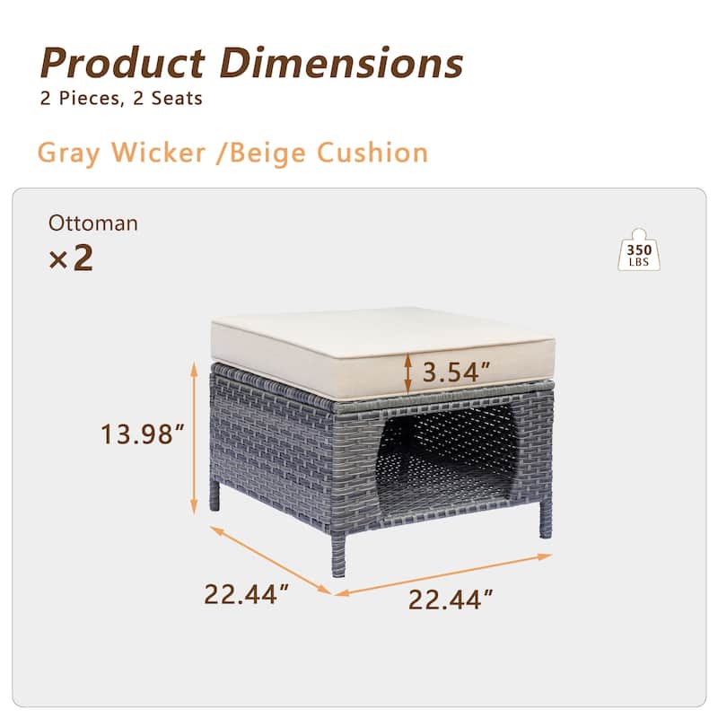 2 Pieces Outdoor Patio Furniture Rattan Storage Ottoman with Cushion