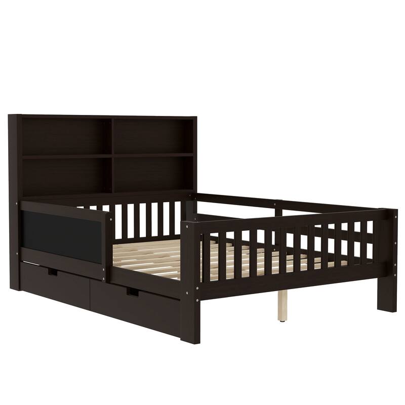 Childlike Fun Solid Wood Low-profile Platform Bed Storage Bed Frame with Side Chalkboard, Open Shelves, Drawers and Guardrails