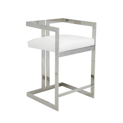 Suki 26 Inch Counter Stool Chair, White Faux Leather, Stainless Steel