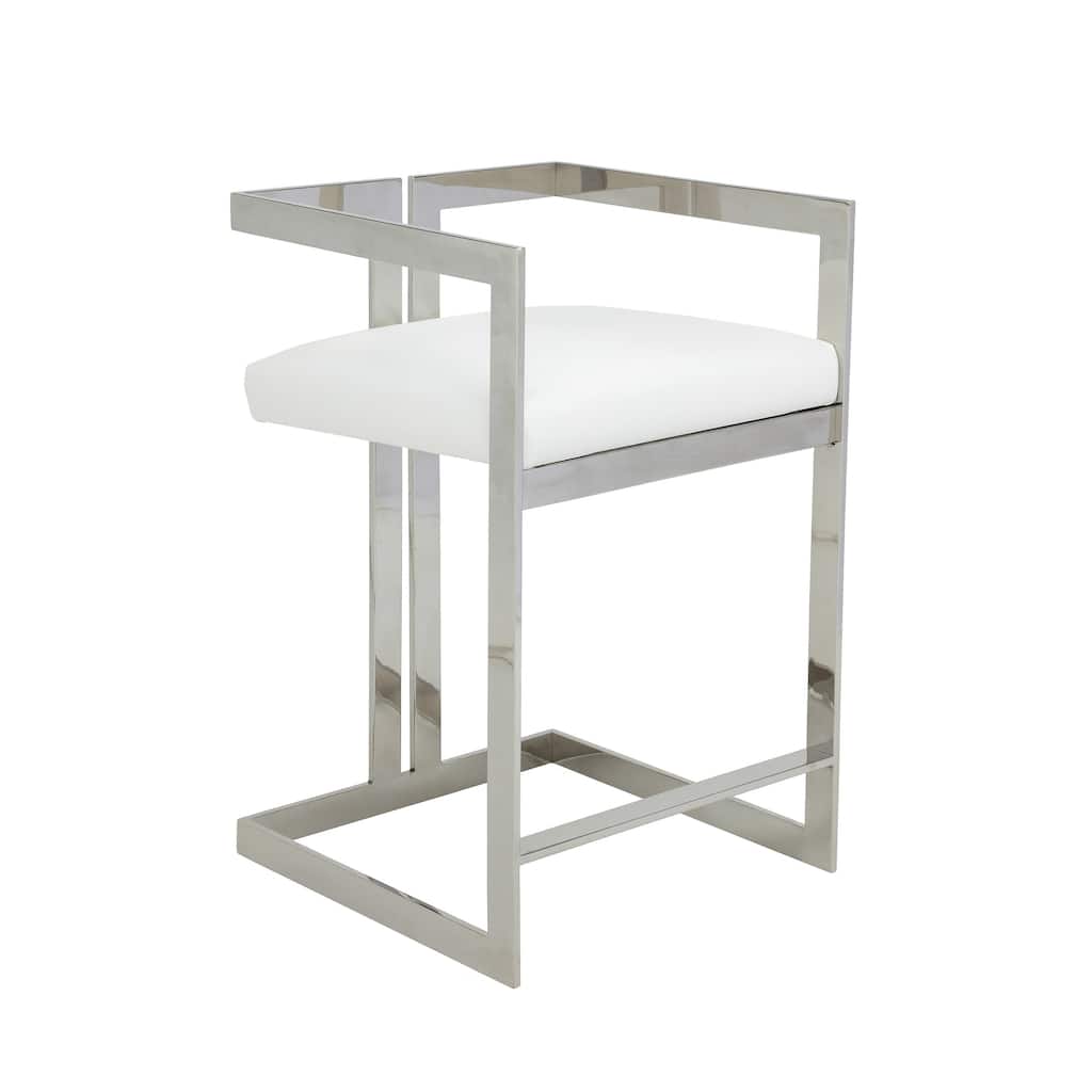 Suki 26 Inch Counter Stool Chair, White Faux Leather, Stainless Steel